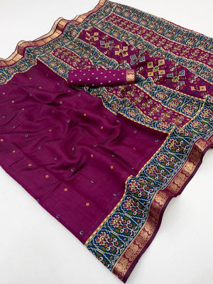 Wine Viscose Saree with Jacquard Zari Border and Fancy Print - Image 2