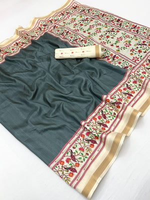 Digital Printed Grey Dola Silk Saree with Zari Border Elegant Festive Ethnic Wear - Image 2