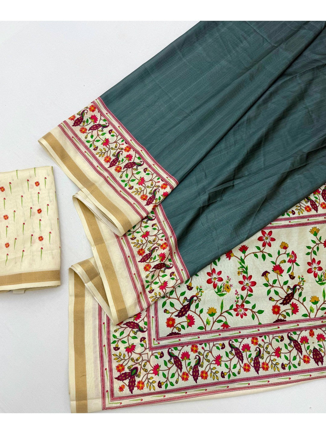 Digital Printed Grey Dola Silk Saree with Zari Border Elegant Festive Ethnic Wear - Image 3
