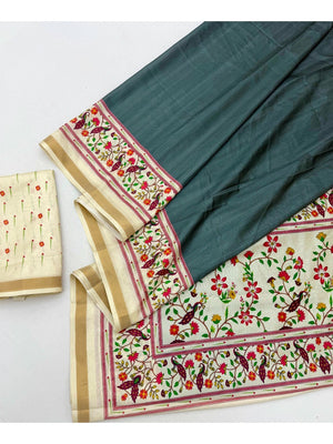 Digital Printed Grey Dola Silk Saree with Zari Border Elegant Festive Ethnic Wear - Image 2