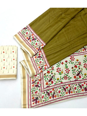 Digital Printed Olive Dola Silk Saree with Zari Border Elegant Festive Ethnic Wear - Image 2