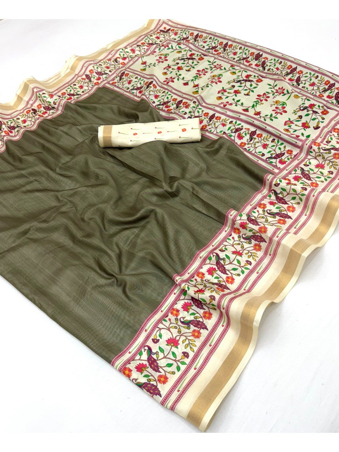 Olive Digital Printed Dola Silk Saree with Zari Border Lightweight Ethnic Wear - Image 2