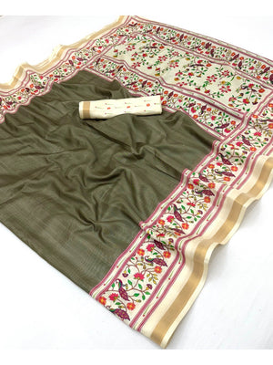 Olive Digital Printed Dola Silk Saree with Zari Border Lightweight Ethnic Wear - Image 2