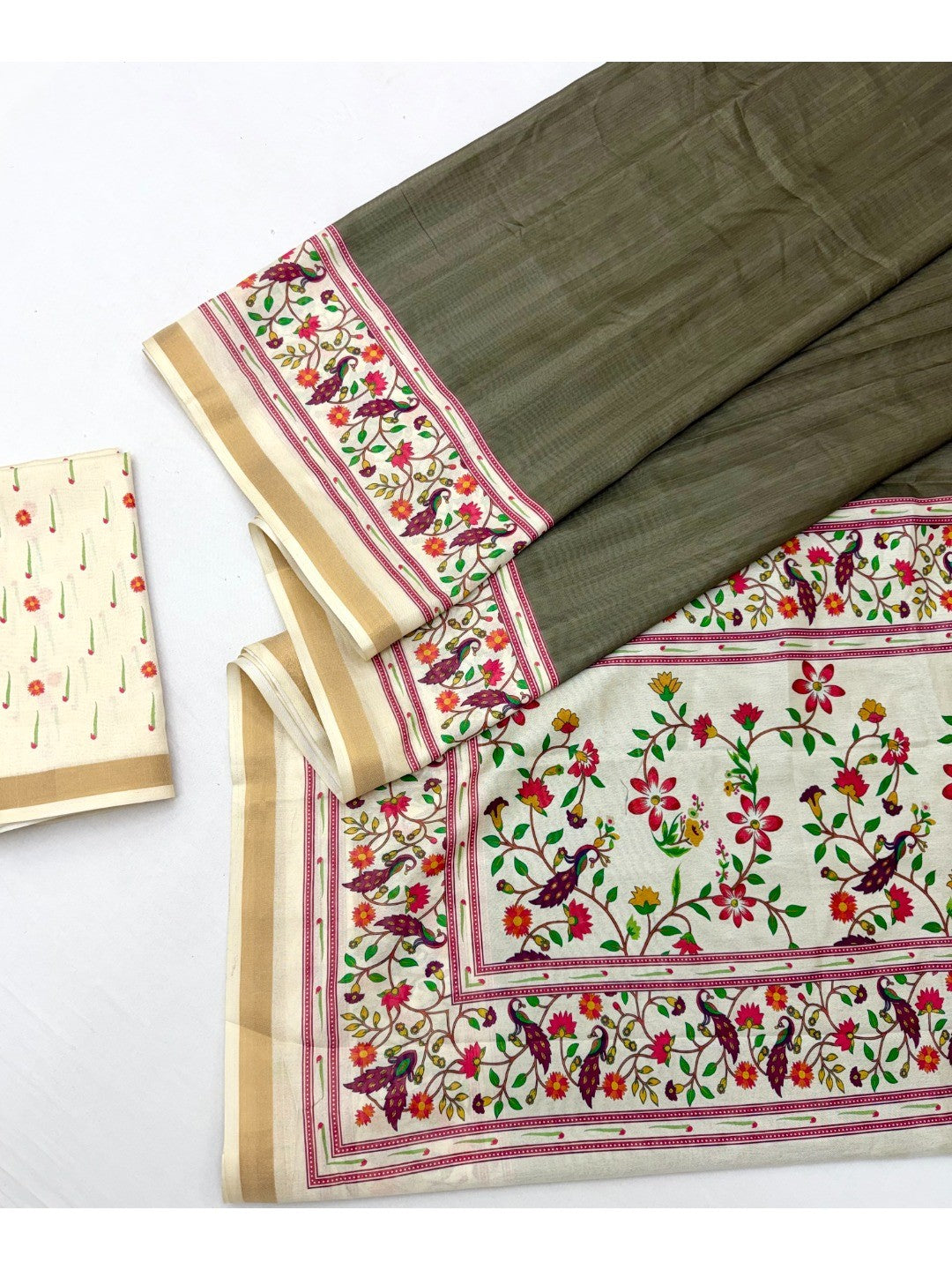 Olive Digital Printed Dola Silk Saree with Zari Border Lightweight Ethnic Wear - Image 3