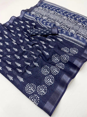 Designer Blue Pure Cotton Saree with Digital Print and Zari Border Chic Look - Image 2