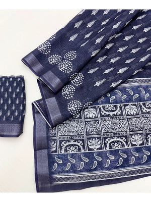 Designer Blue Pure Cotton Saree with Digital Print and Zari Border Chic Look - Image 2