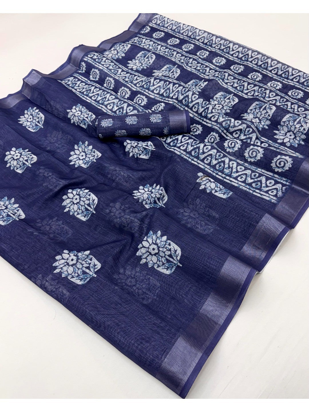 Blue Digital Printed Pure Cotton Saree with Zari Border Soft Comfortable Style - Image 2