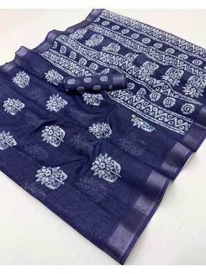 Blue Digital Printed Pure Cotton Saree with Zari Border Soft Comfortable Style - Image 2