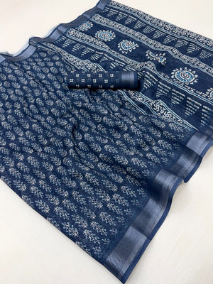Blue Digital Print Cotton Saree with Zari Border Lightweight Traditional Outfit - Image 2