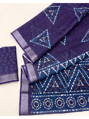 Elegant Geometric Printed Navy Blue Pure Cotton Saree with Zari Border - Image 2