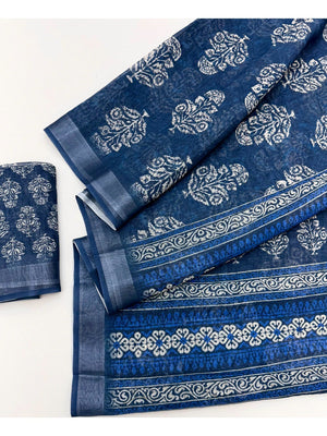 Elegant Blue Pure Cotton Digital Print Saree with Zari Border - Image 2