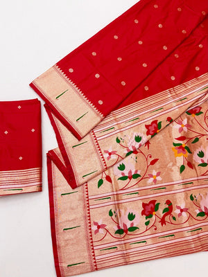 Traditional Red Floral Zari Weaving Silk Paithani Saree With Intricate Designer Pallu - Image 2