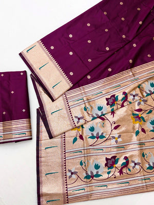 Traditional Wine Floral Zari Weaving Silk Paithani Saree With Intricate Designer Pallu - Image 2