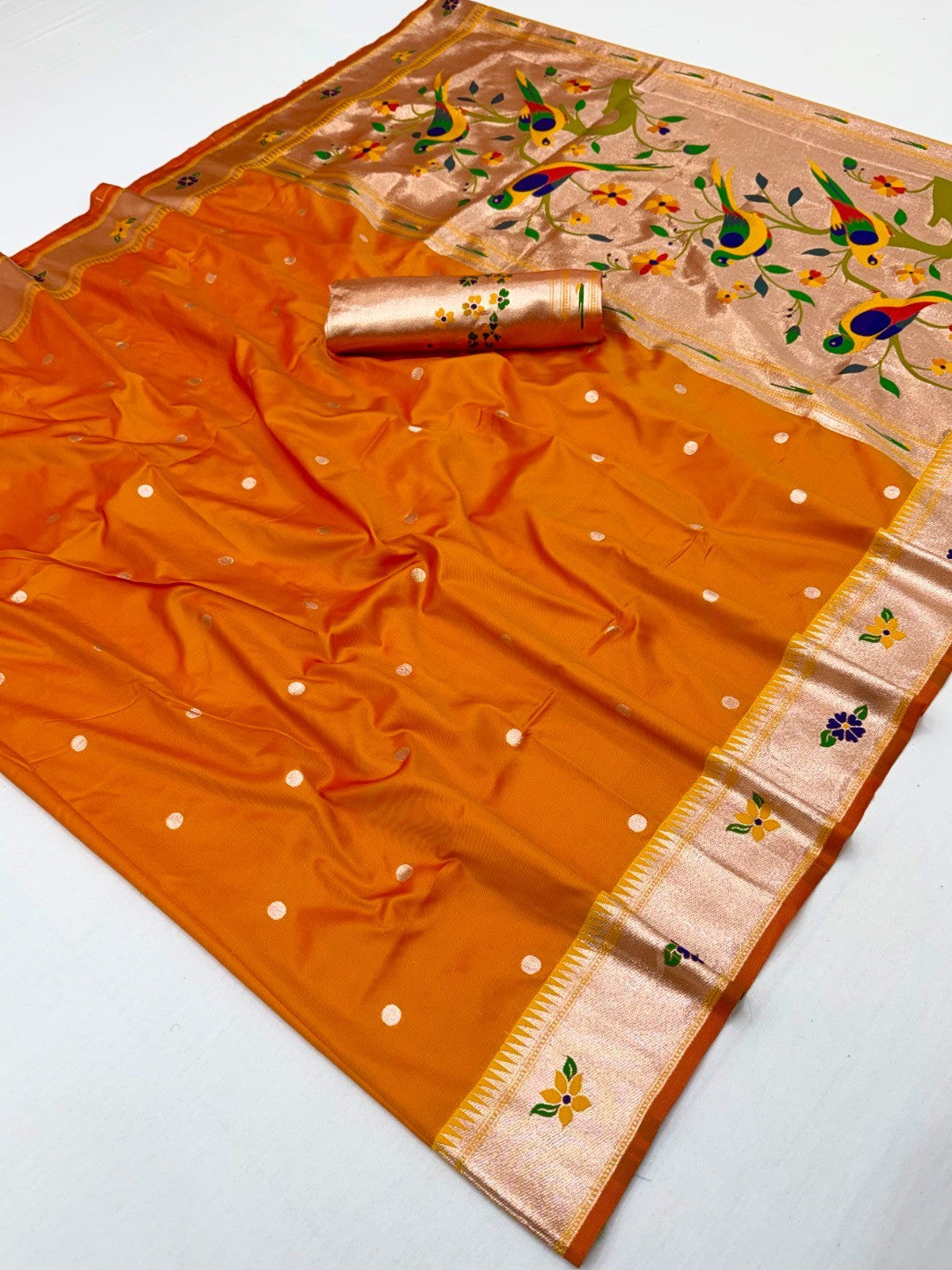 Classic Orange Zari Woven Banarasi Silk Paithani Saree With Floral Border & Parrot Motif Pallu - Image 3