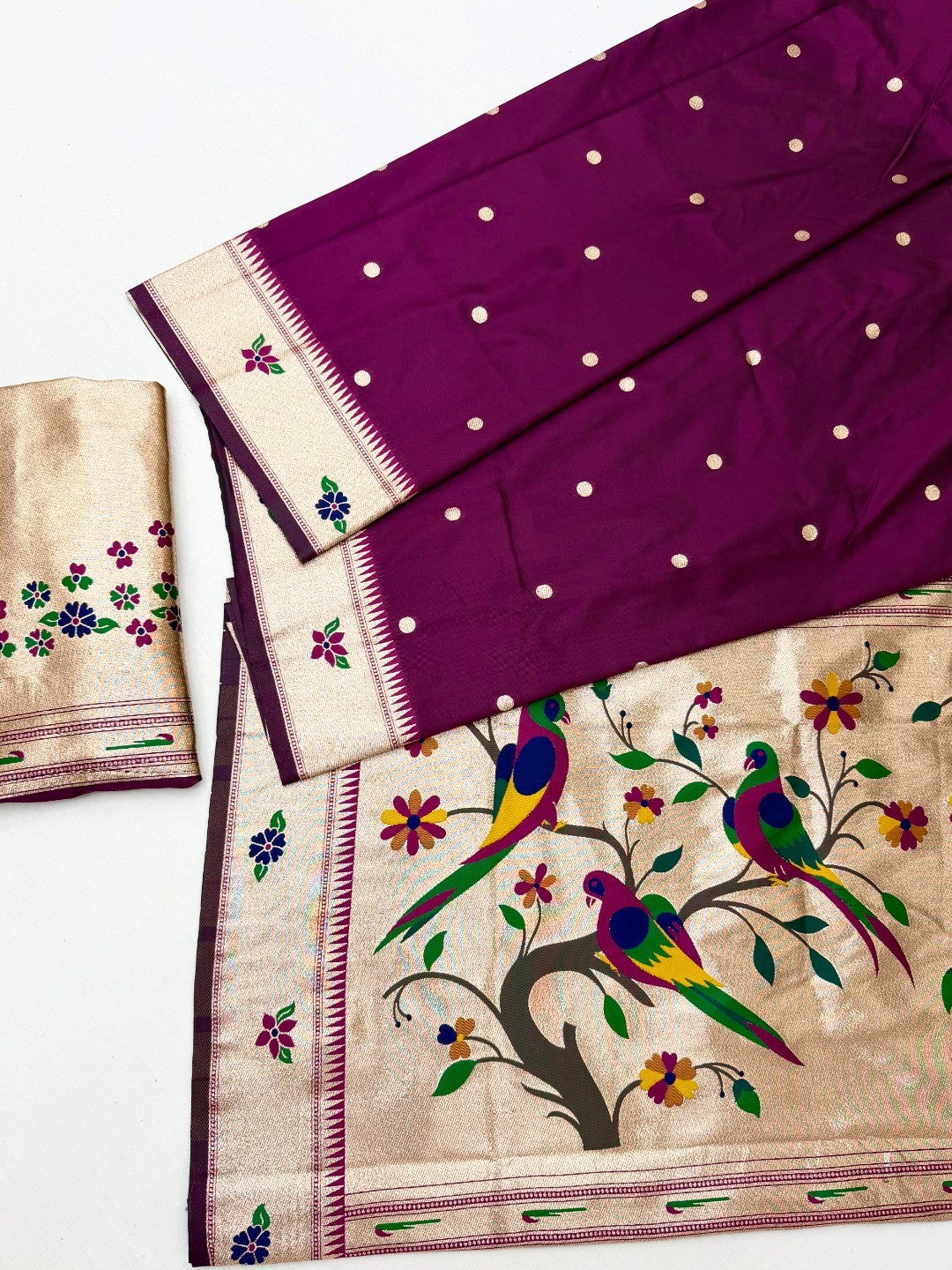 Classic Wine Zari Woven Banarasi Silk Paithani Saree With Floral Border & Parrot Motif Pallu - Image 2