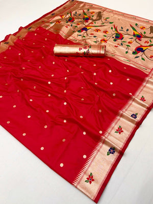 Classic Red Zari Woven Banarasi Silk Paithani Saree With Floral Border & Parrot Motif Pallu - Image 2