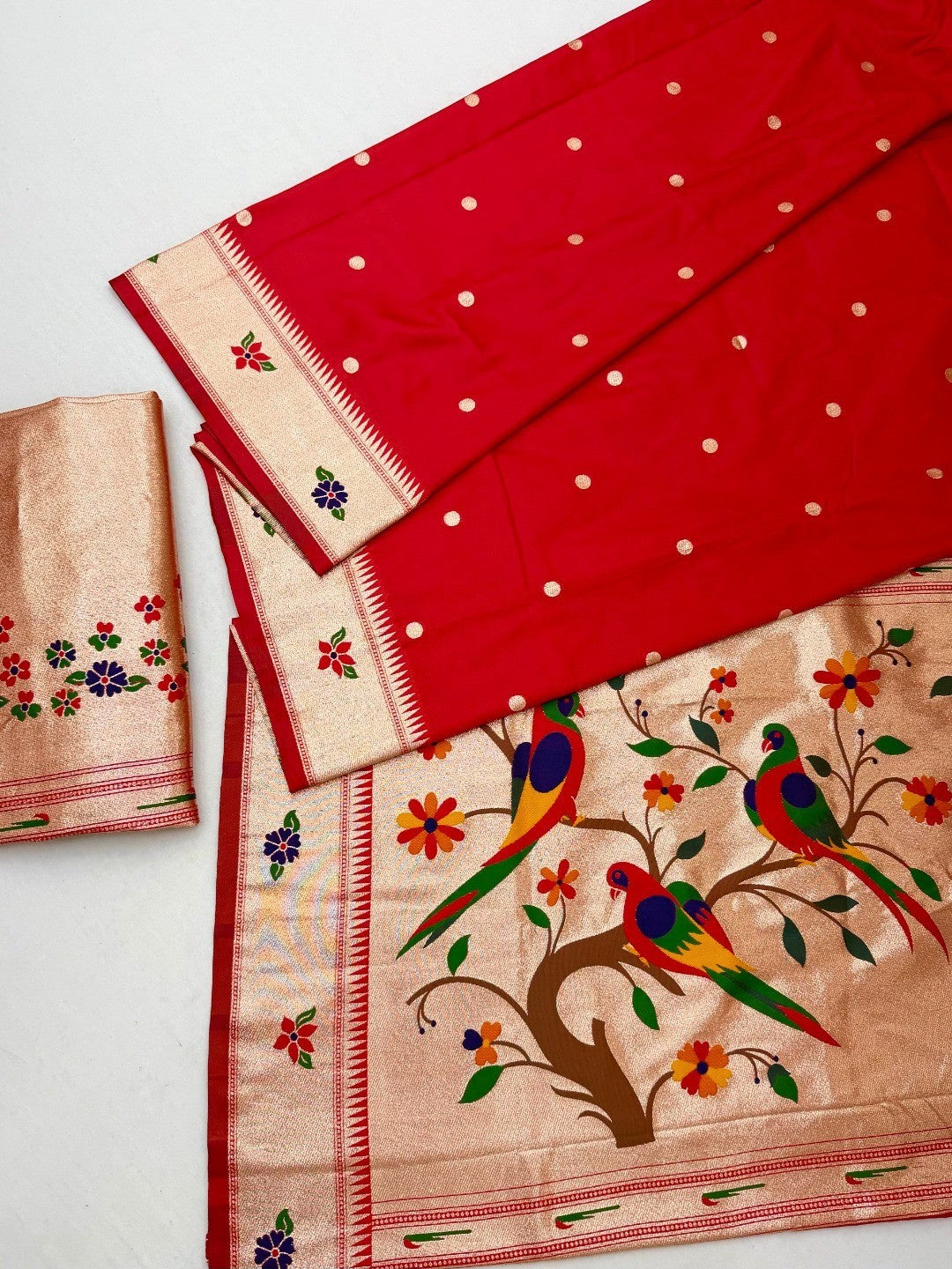 Classic Red Zari Woven Banarasi Silk Paithani Saree With Floral Border & Parrot Motif Pallu - Image 2