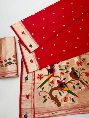 Classic Red Zari Woven Banarasi Silk Paithani Saree With Floral Border & Parrot Motif Pallu - Image 2