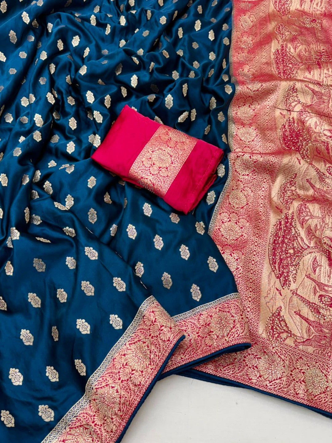 Elegant Rama Blue Satin Silk Zari Work Saree With Contrast Border - Image 2