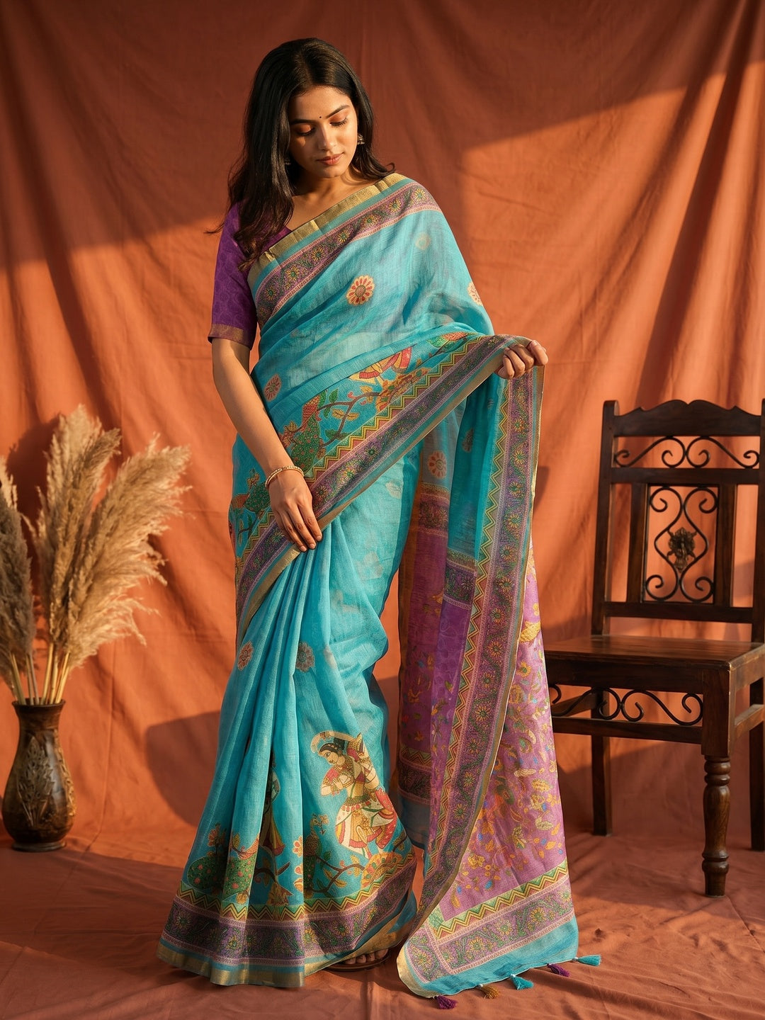 Aqua Blue Linen Saree with Printed Border and Pallu - Image 1