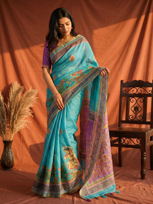 Aqua Blue Linen Saree with Printed Border and Pallu - Image 1