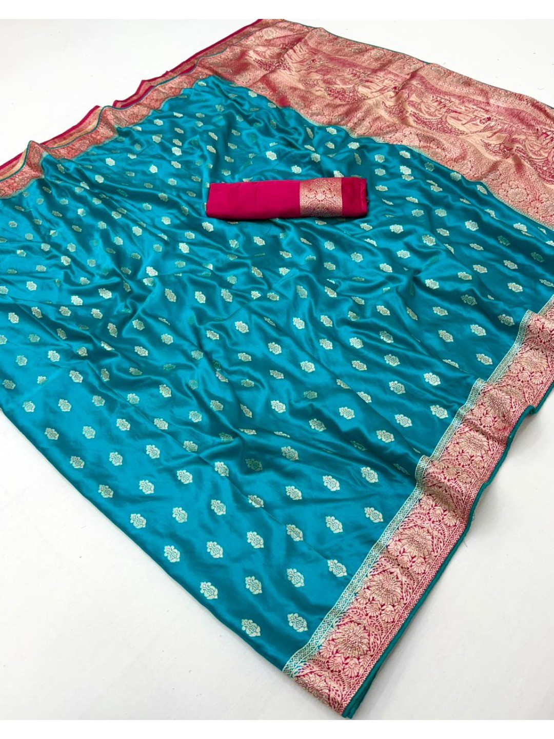 Teal Satin Silk Saree with Zari Work and Contrast Pink Border - Image 2