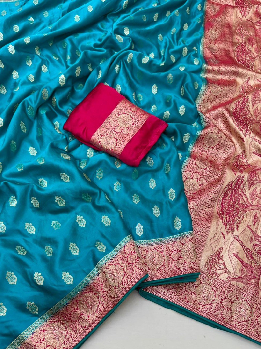 Teal Satin Silk Saree with Zari Work and Contrast Pink Border - Image 3