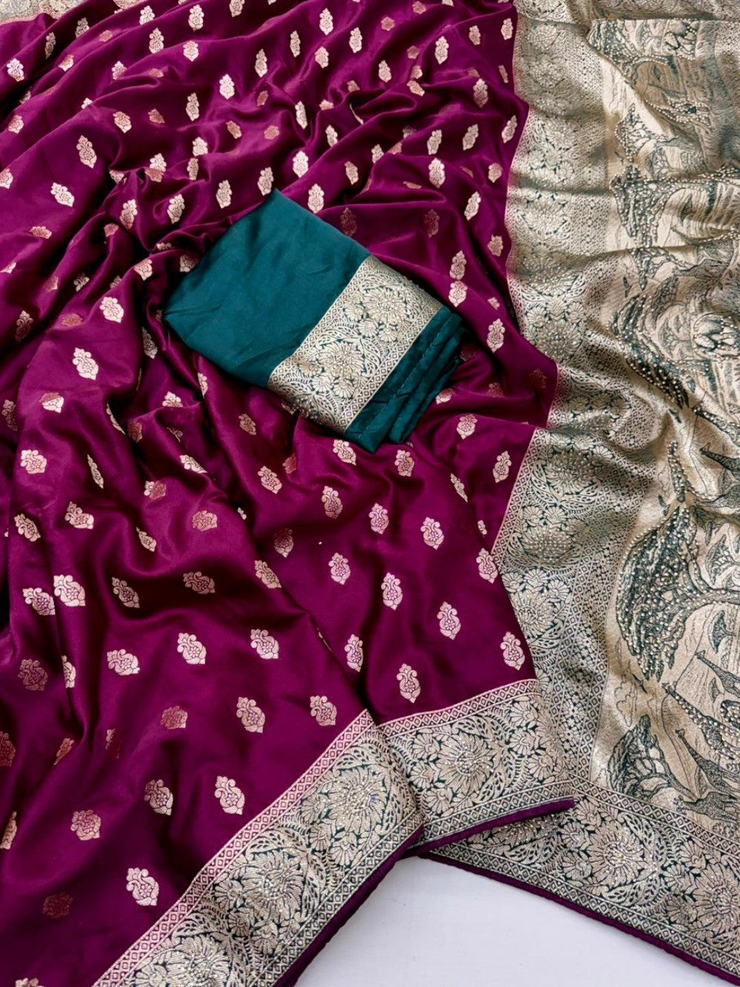Elegant Magenta Satin Silk Zari Work Saree with Contrast Blouse - Image 3