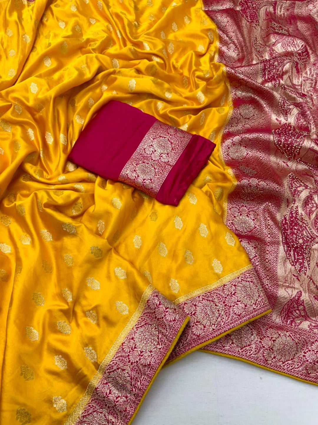 Elegant Mustard Satin Silk Saree with Zari Work and Contrast Pink Border - Image 2