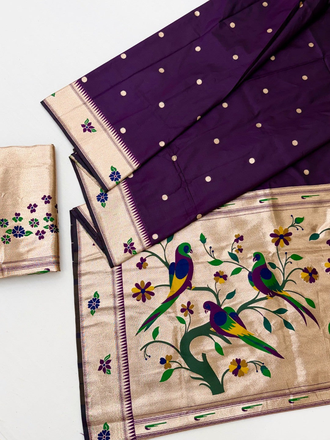 Classic Purple Zari Woven Banarasi Silk Paithani Saree With Floral Border & Parrot Motif Pallu - Image 2