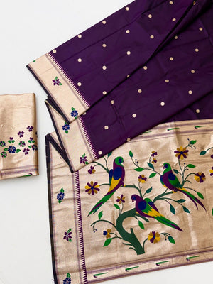 Classic Purple Zari Woven Banarasi Silk Paithani Saree With Floral Border & Parrot Motif Pallu - Image 2