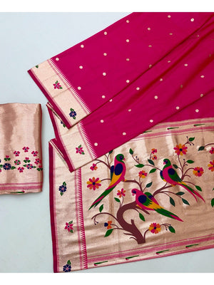 Classic Pink Zari Woven Banarasi Silk Paithani Saree With Floral Border & Parrot Motif Pallu  - Image 2