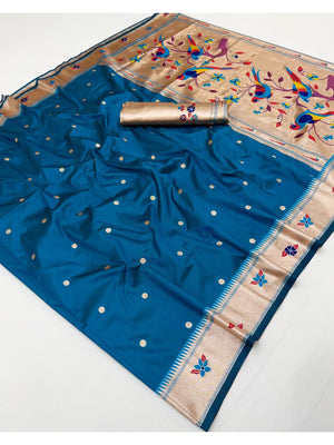 Classic Peacock Blue Zari Woven Banarasi Silk Paithani Saree With Floral Border & Parrot Motif Pallu - Image 2