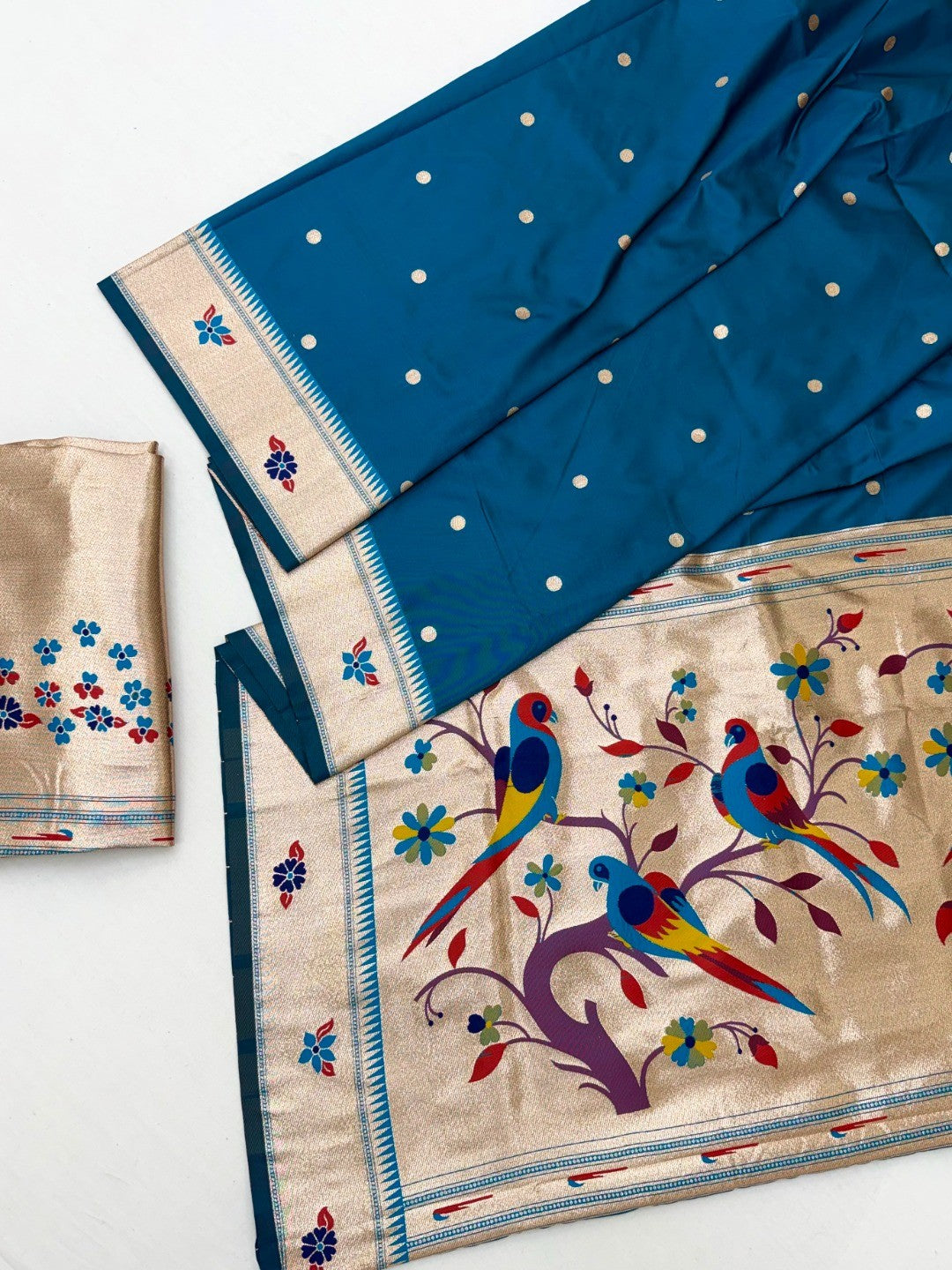 Classic Peacock Blue Zari Woven Banarasi Silk Paithani Saree With Floral Border & Parrot Motif Pallu - Image 3