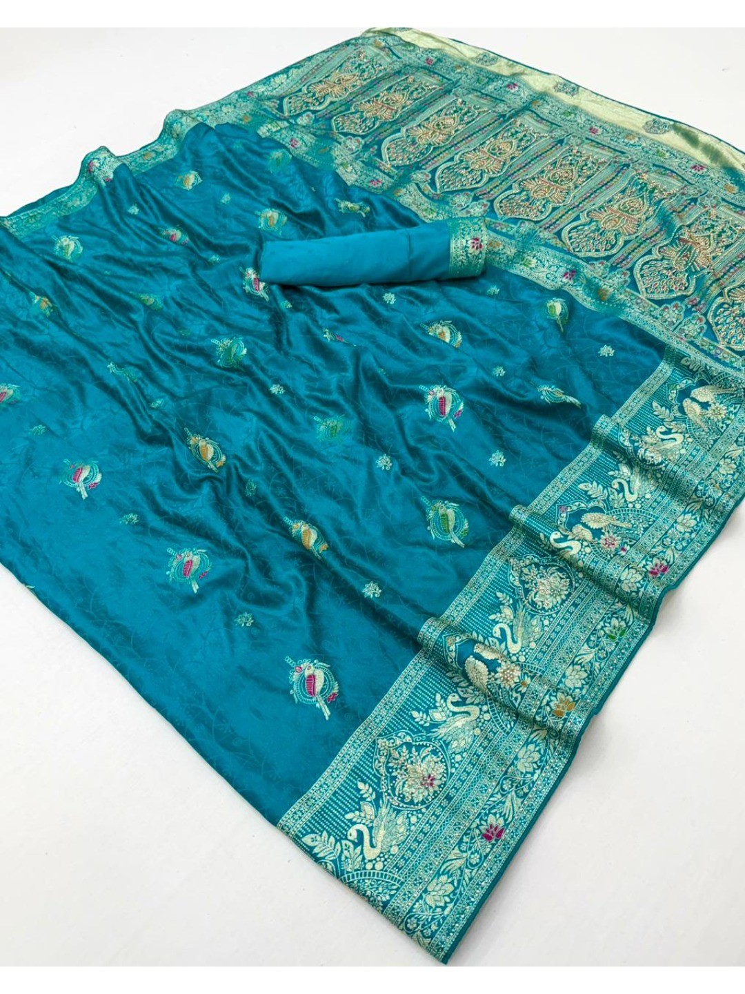 Rama Blue Organza Satin Silk Saree with Zari Work - Image 3