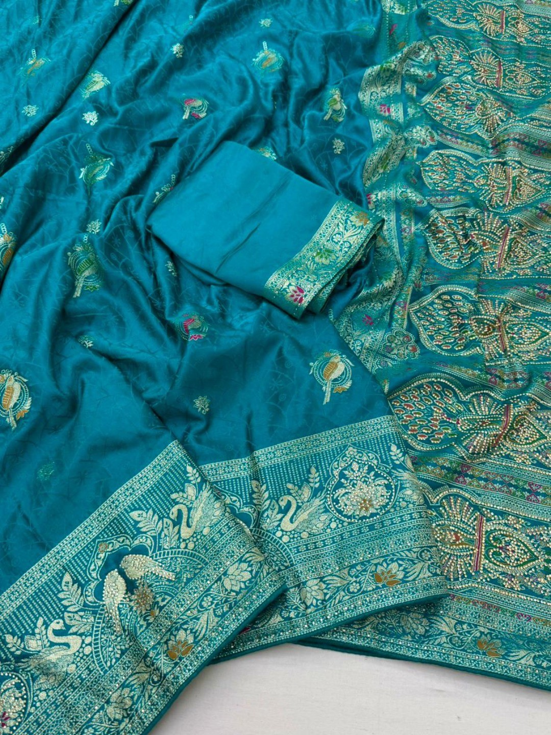 Rama Blue Organza Satin Silk Saree with Zari Work - Image 2