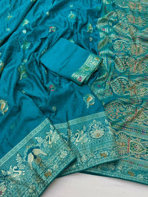 Rama Blue Organza Satin Silk Saree with Zari Work - Image 2