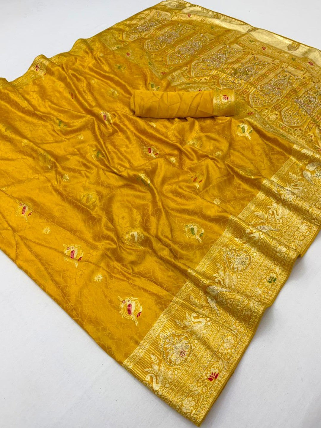 Mustard Organza Satin Silk Saree with Intricate Zari Work - Image 2