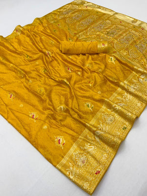 Mustard Organza Satin Silk Saree with Intricate Zari Work - Image 2