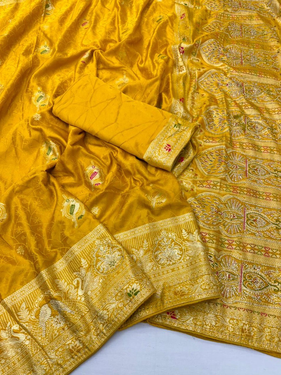 Mustard Organza Satin Silk Saree with Intricate Zari Work - Image 3