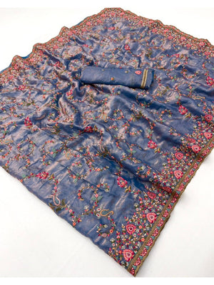 Elegant Blue Satin Saree with Intricate Kashmiri Embroidery Work - Image 2
