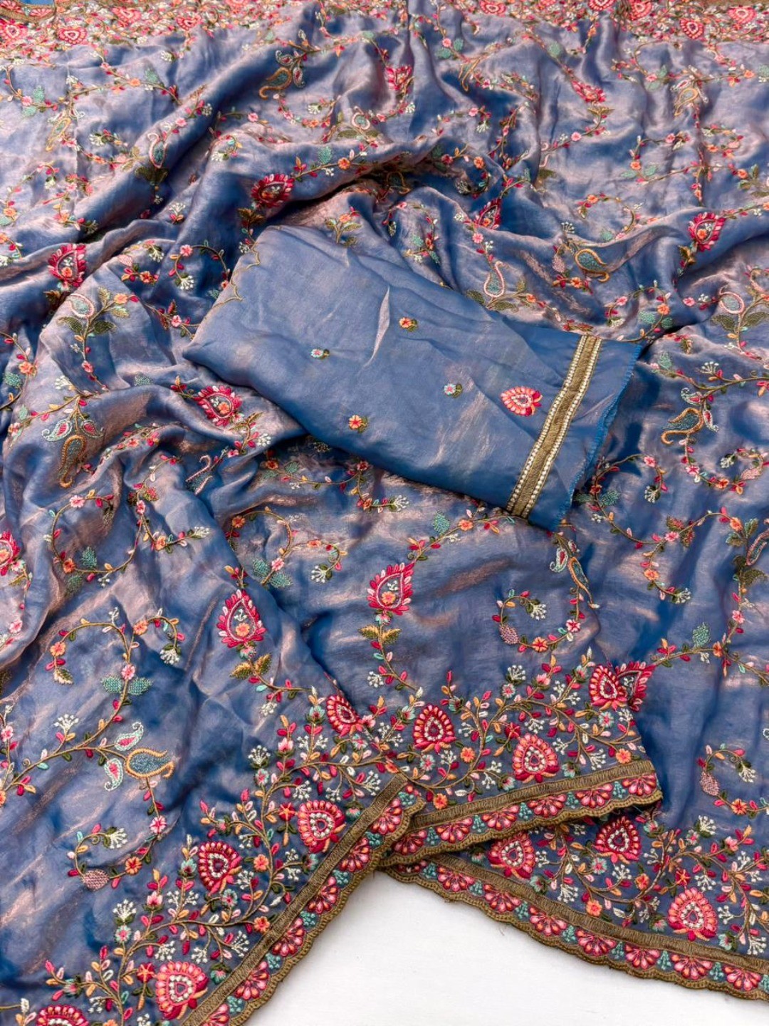 Elegant Blue Satin Saree with Intricate Kashmiri Embroidery Work - Image 2