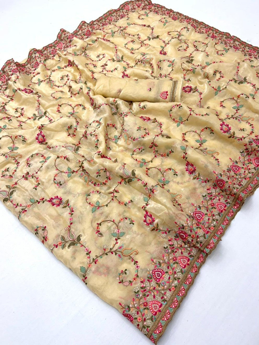 Elegant Cream Satin Saree with Intricate Thread Work Embroidery - Image 2