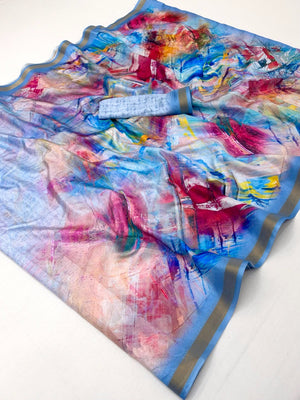 Multicolor Digital Print Dola Silk Saree with Zari Border - Image 2