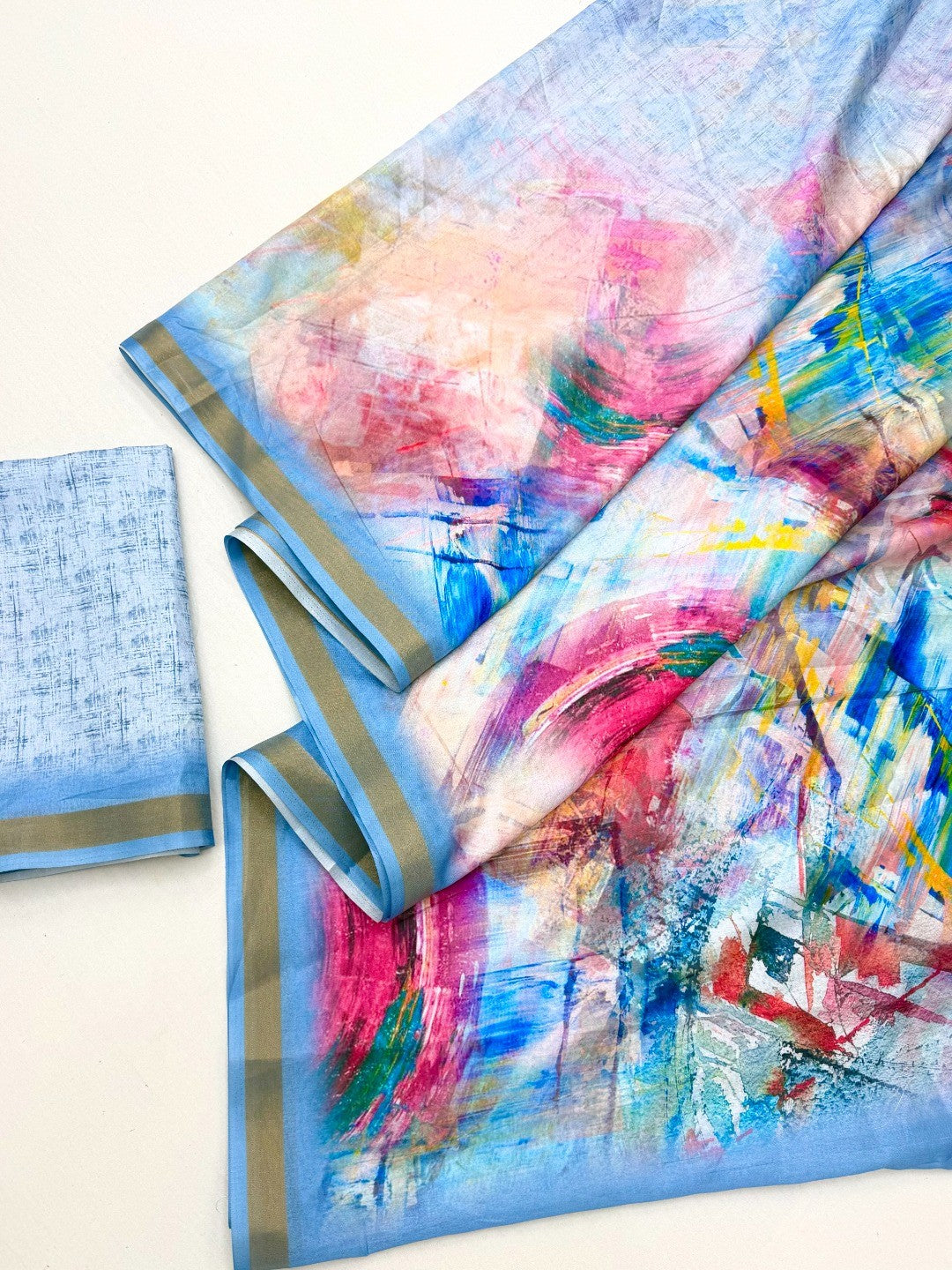 Multicolor Digital Print Dola Silk Saree with Zari Border - Image 3