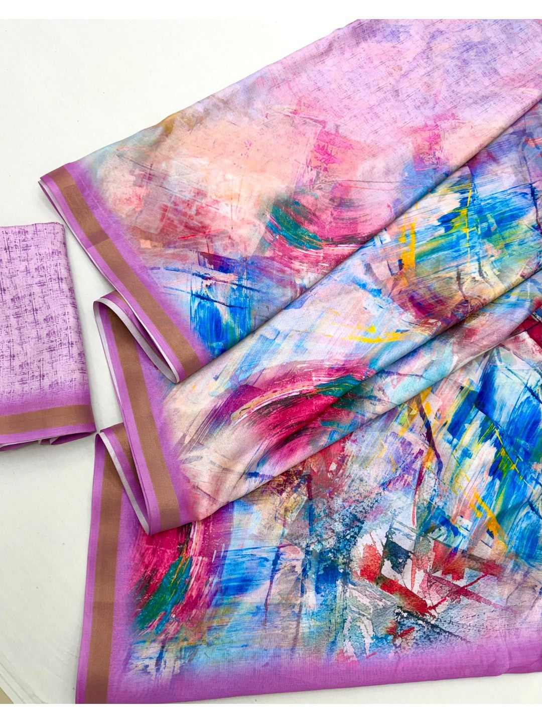 Multicolor Digital Print Dola Silk Saree with Zari Border - Image 3