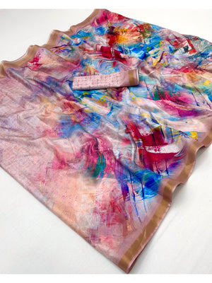 Multicolor Digital Print Dola Silk Saree with Zari Border - Image 2