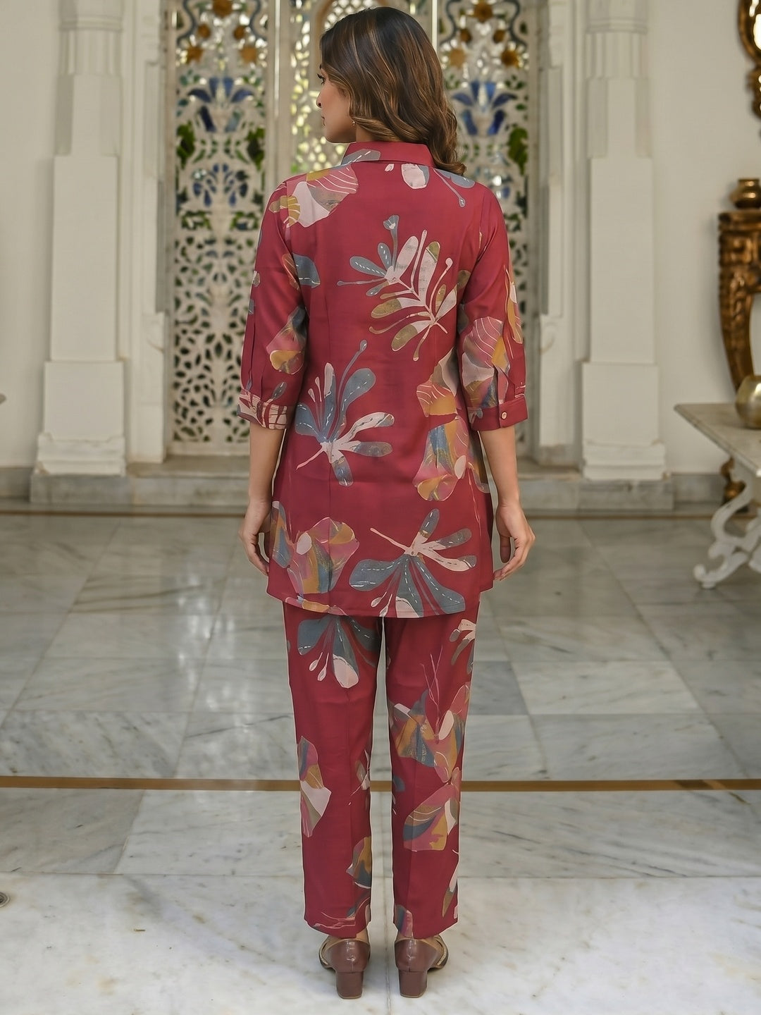 Floral Printed Red Rayon Top Bottom Set Minimal Ethnic Style - Image 4