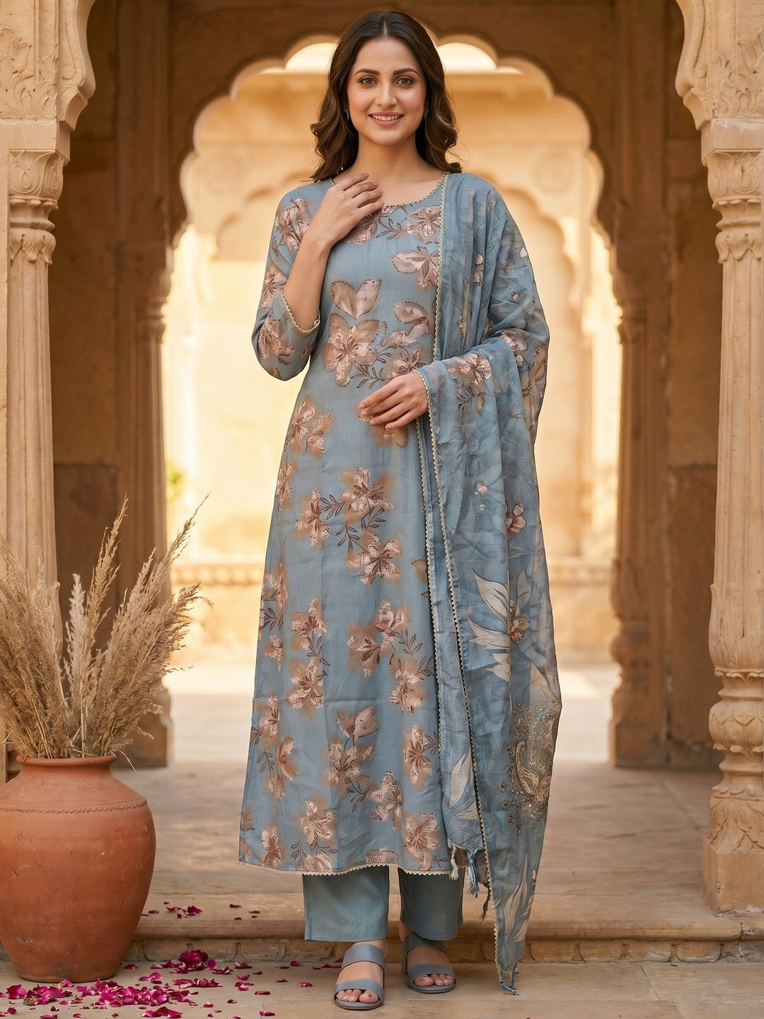 Dusty Blue Floral Printed Viscose Salwar Suit with Dupatta Festive Ethnic Wear - Image 1