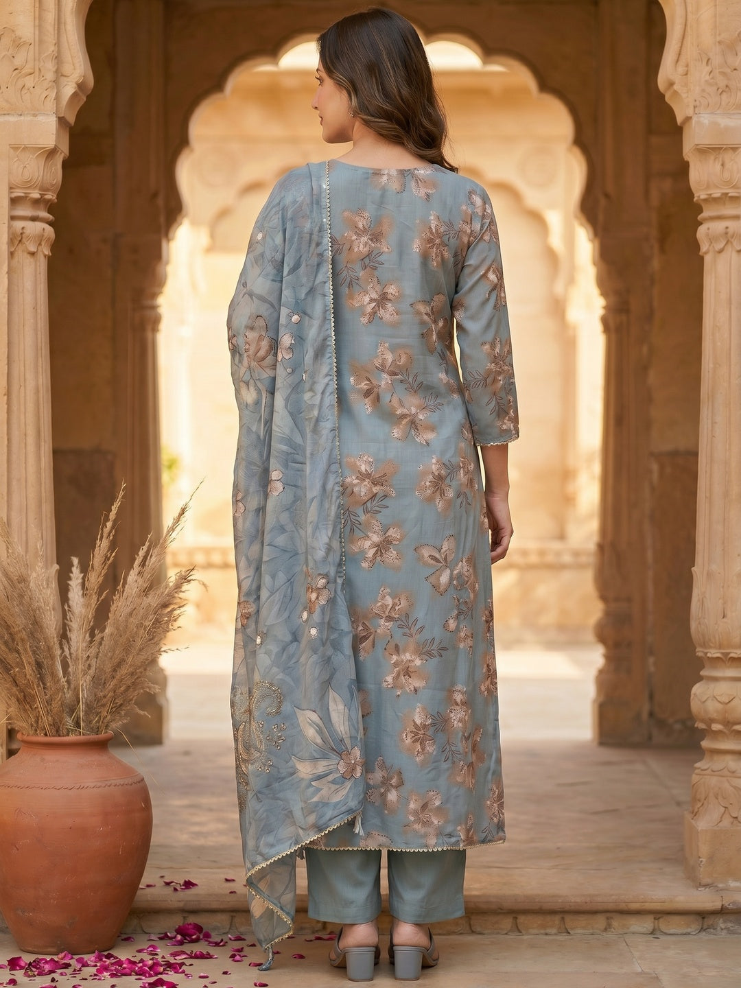 Dusty Blue Floral Printed Viscose Salwar Suit with Dupatta Festive Ethnic Wear - Image 4